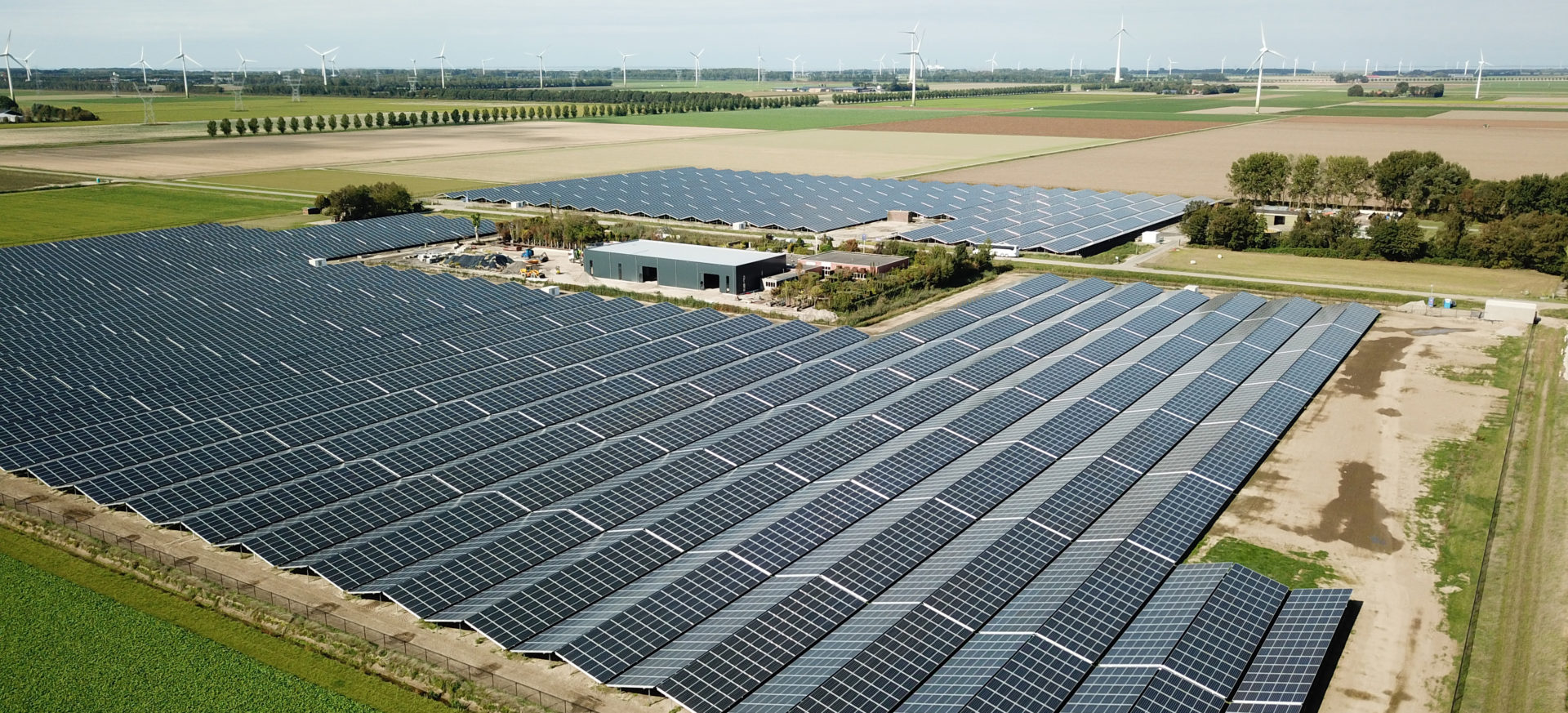 Luftaufnahme des Solarparks in Lelystad, Niederlanden