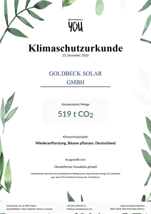 Climate protection certificate from the ClimatePartner Foundation gGmbH